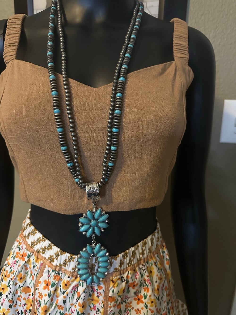 EMMA Southwestern Style Two-Tier Turquoise Blossom Pendant and Earring Set